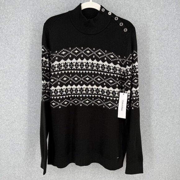 Calvin Klein Womens Mock Button Neck Sweater Size L Black White Faire Isle NEW - Picture 1 of 12